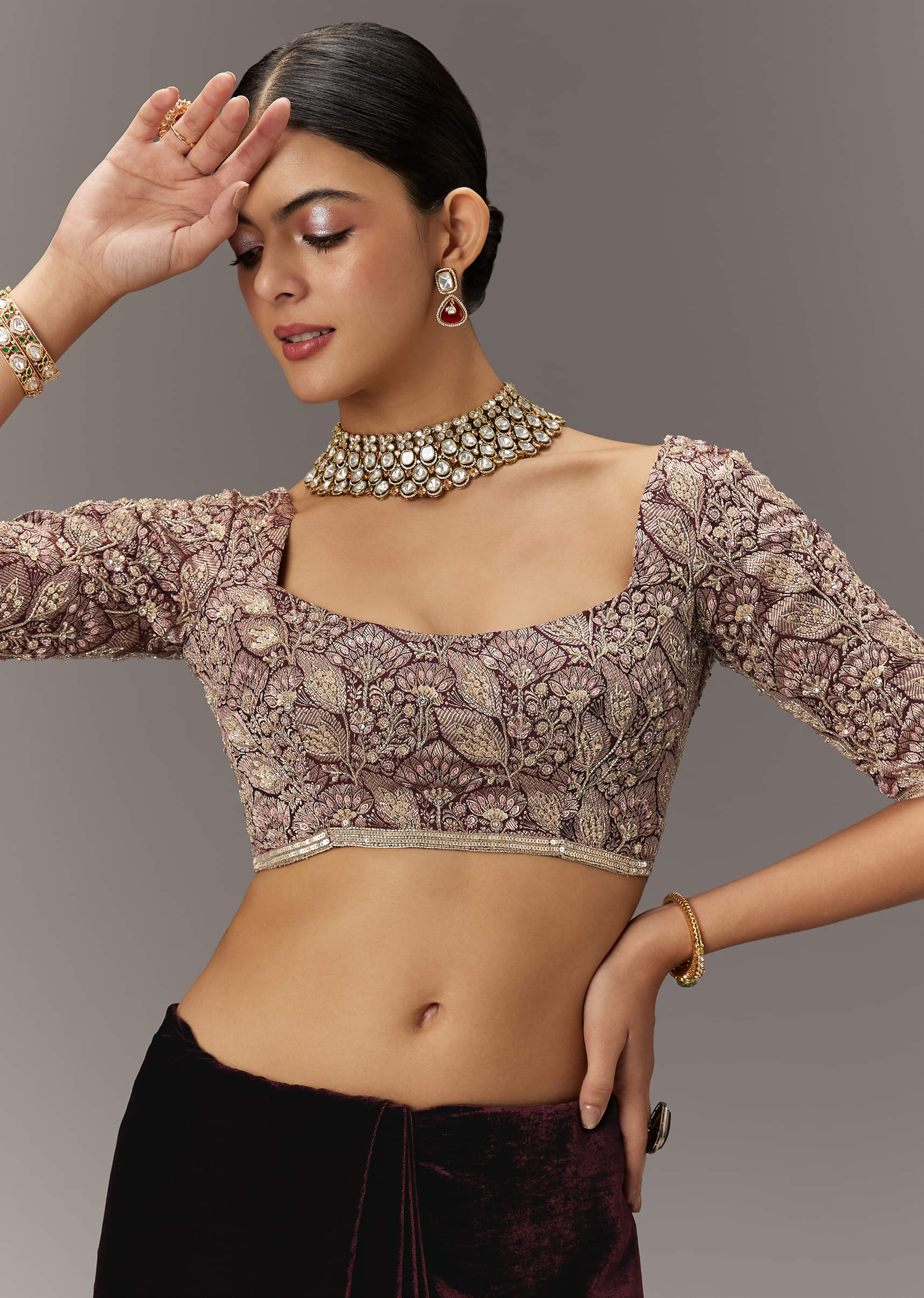 Maroon Embroidered Velvet Saree (2-Piece) - Image 6