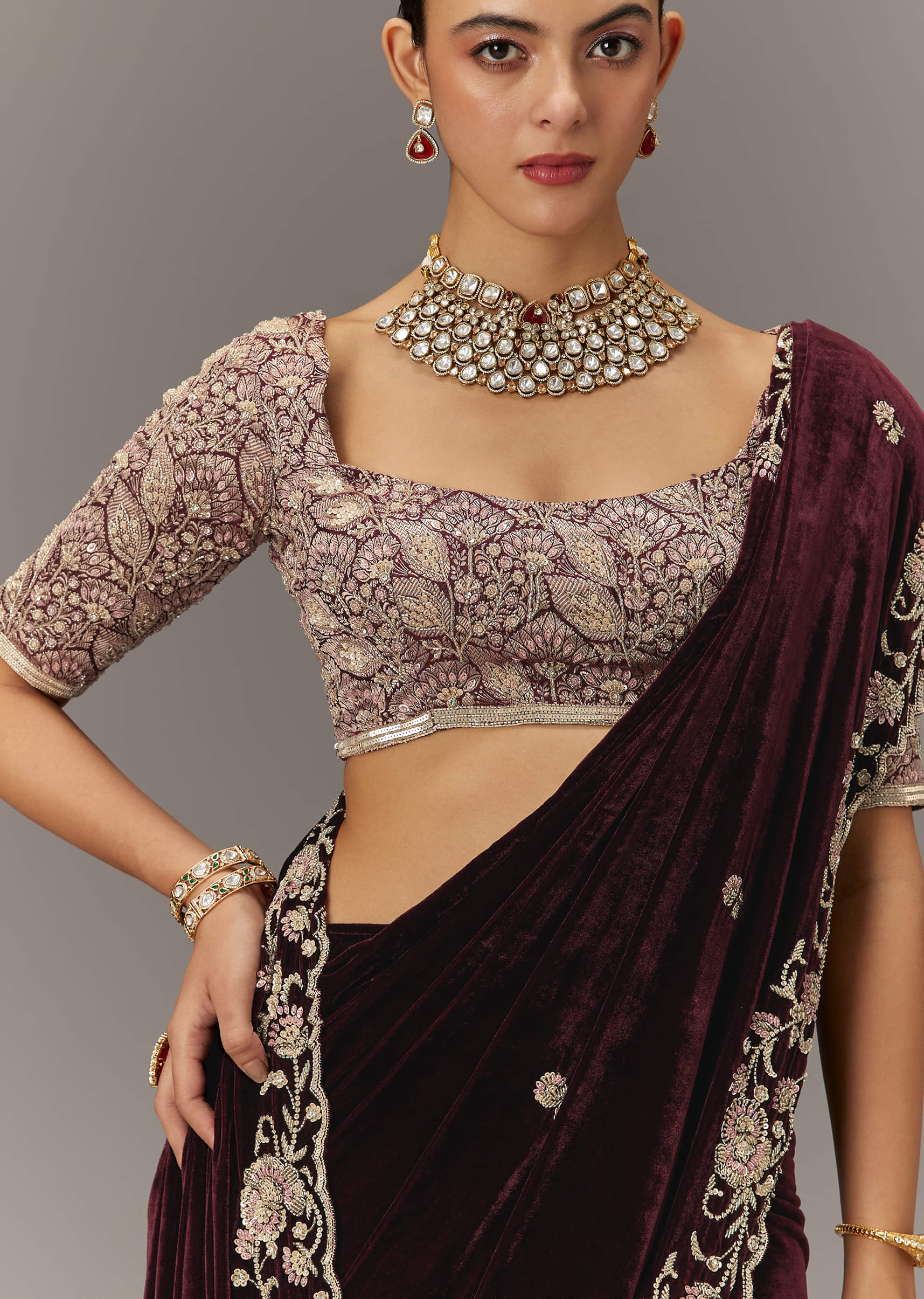 Maroon Embroidered Velvet Saree (2-Piece) - Image 9