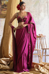 Maroon Hand-Embellished Velvet & Silk Saree (3-Piece) - Image 2