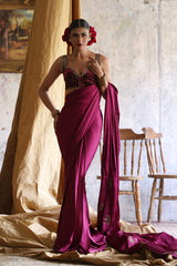 Maroon Hand-Embellished Velvet & Silk Saree (3-Piece) - Image 3