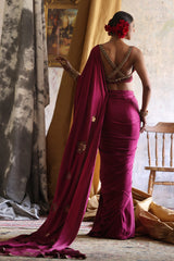 Maroon Hand-Embellished Velvet & Silk Saree (3-Piece) - Image 4
