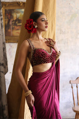 Maroon Hand-Embellished Velvet & Silk Saree (3-Piece) - Image 5