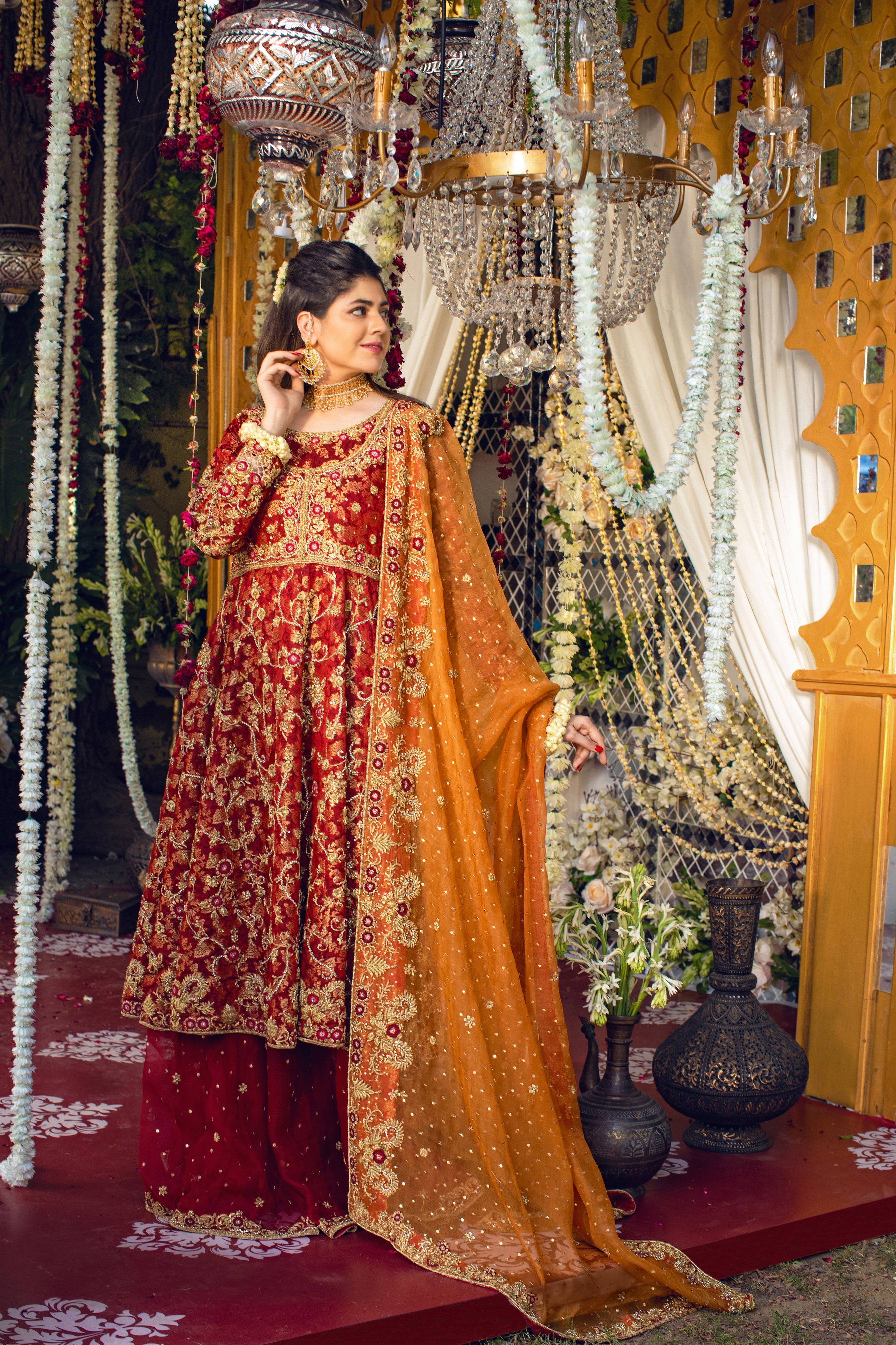 Maroon Embroidered Brocade Kalidaar Sharara (3-Piece) - Image 1