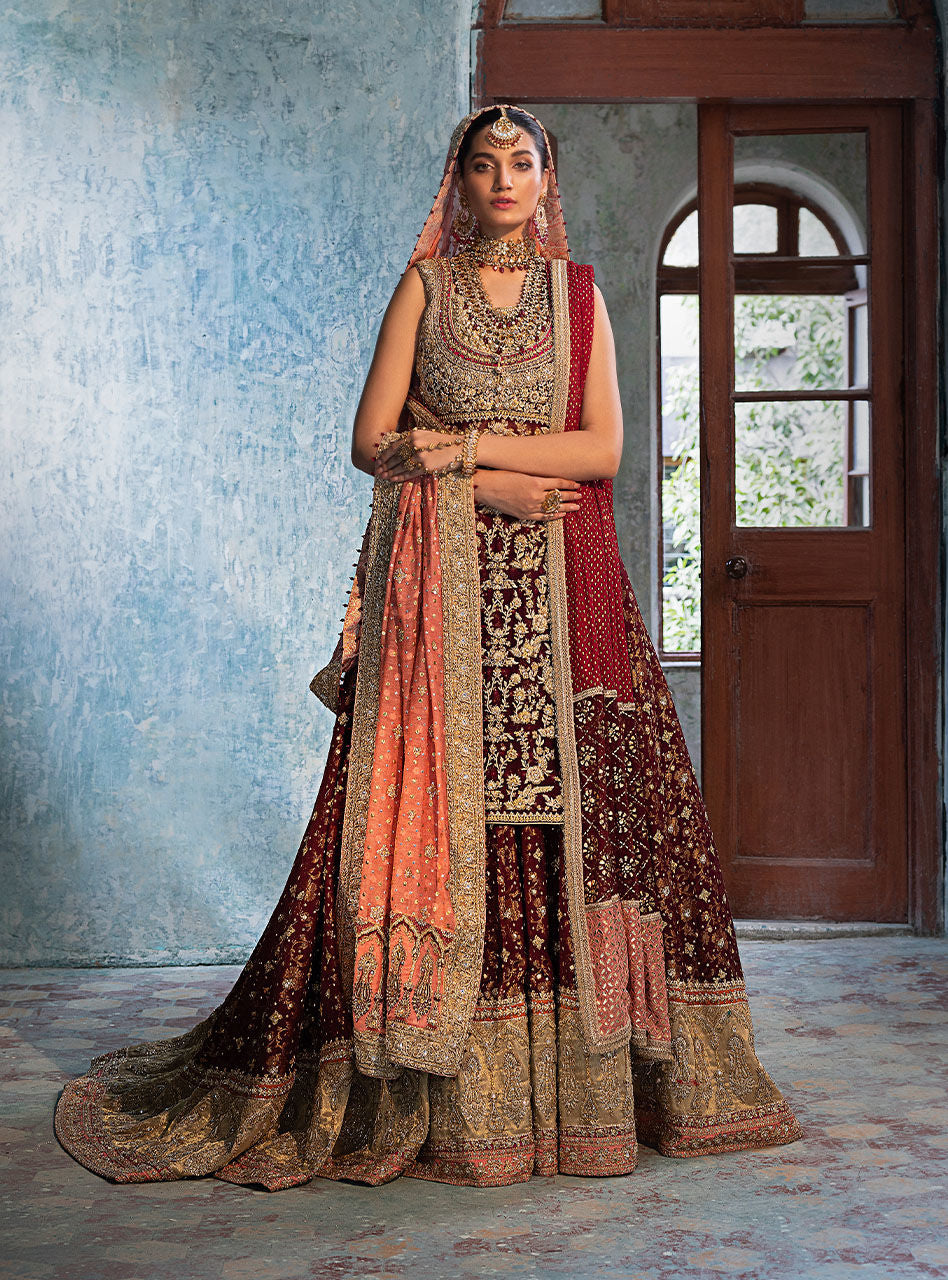 Pakistani Crimson Maroon Zardozi Chiffon Bridal Sharara (3-Piece) - Image 1