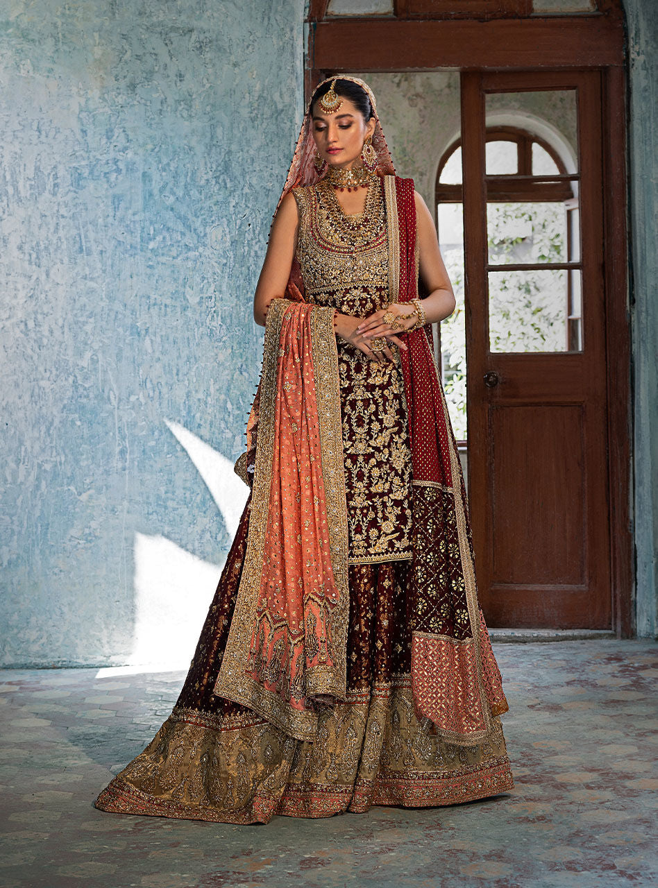 Pakistani Crimson Maroon Zardozi Chiffon Bridal Sharara (3-Piece) - Image 10
