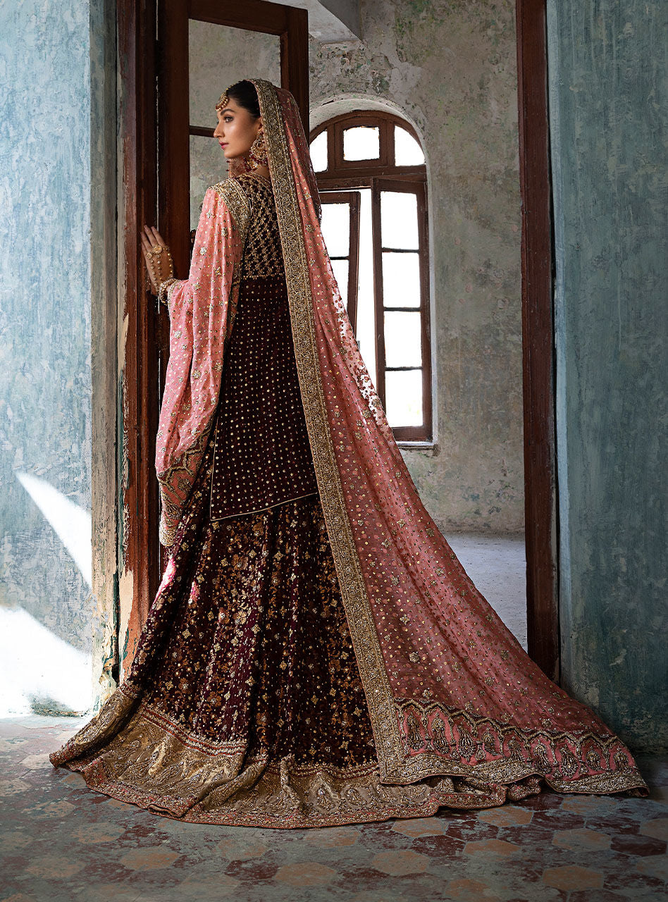 Pakistani Crimson Maroon Zardozi Chiffon Bridal Sharara (3-Piece) - Image 11