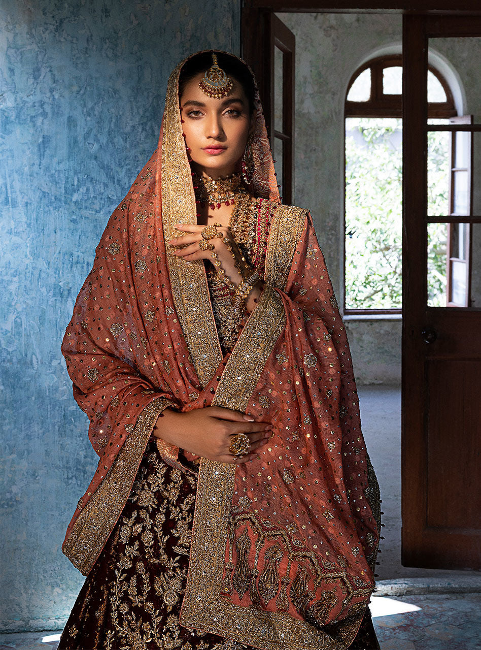 Pakistani Crimson Maroon Zardozi Chiffon Bridal Sharara (3-Piece) - Image 12