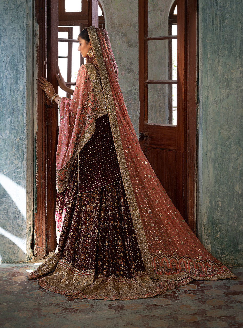 Pakistani Crimson Maroon Zardozi Chiffon Bridal Sharara (3-Piece) - Image 13