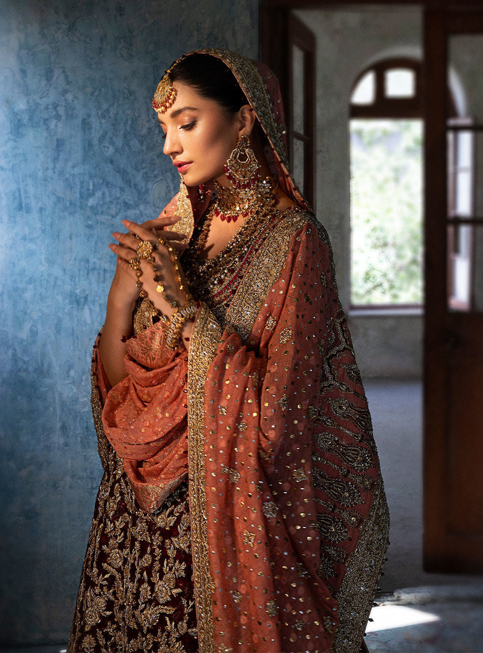 Pakistani Crimson Maroon Zardozi Chiffon Bridal Sharara (3-Piece) - Image 2