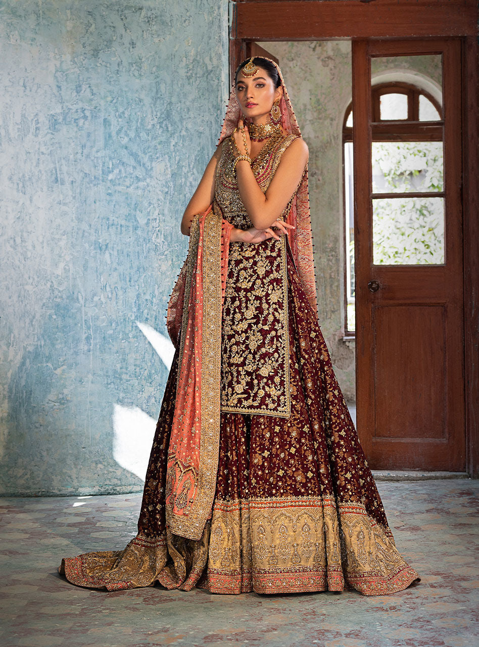 Pakistani Crimson Maroon Zardozi Chiffon Bridal Sharara (3-Piece) - Image 3