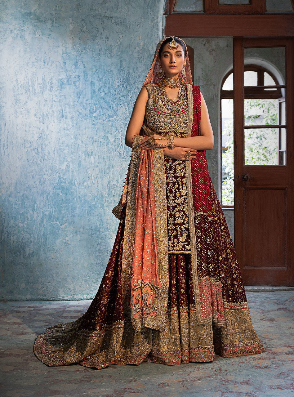 Pakistani Crimson Maroon Zardozi Chiffon Bridal Sharara (3-Piece) - Image 4