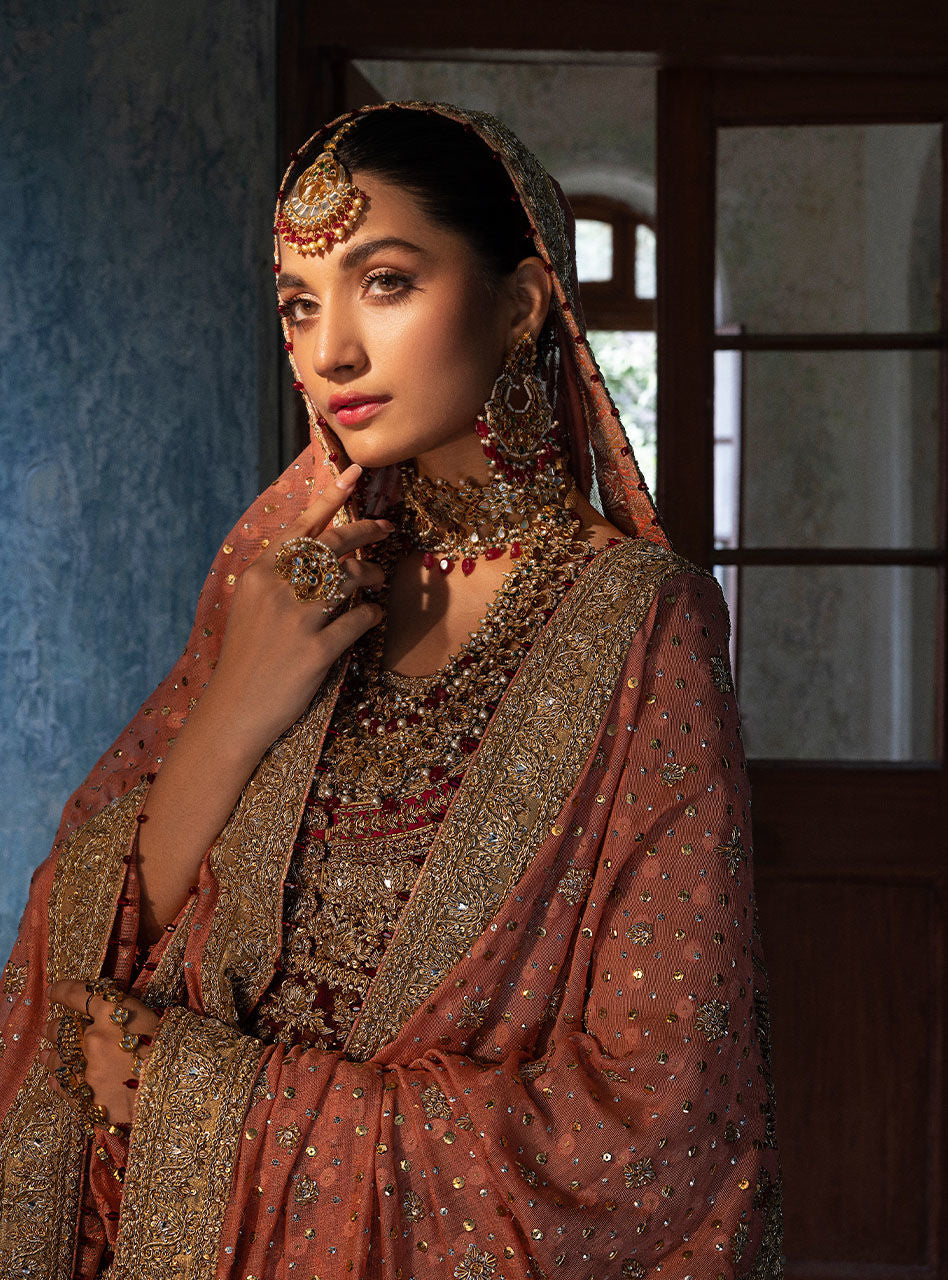 Pakistani Crimson Maroon Zardozi Chiffon Bridal Sharara (3-Piece) - Image 5