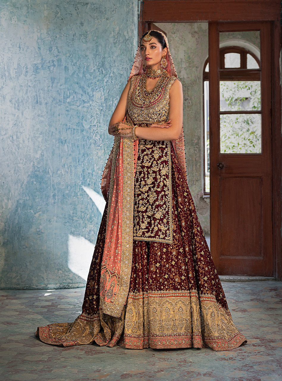 Pakistani Crimson Maroon Zardozi Chiffon Bridal Sharara (3-Piece) - Image 7