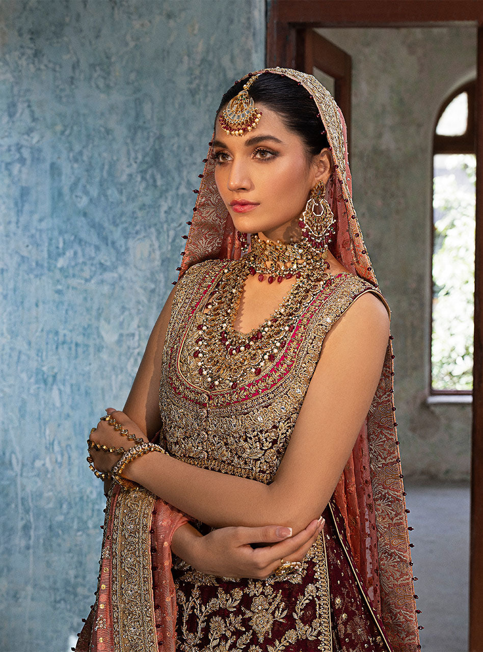Pakistani Crimson Maroon Zardozi Chiffon Bridal Sharara (3-Piece) - Image 9
