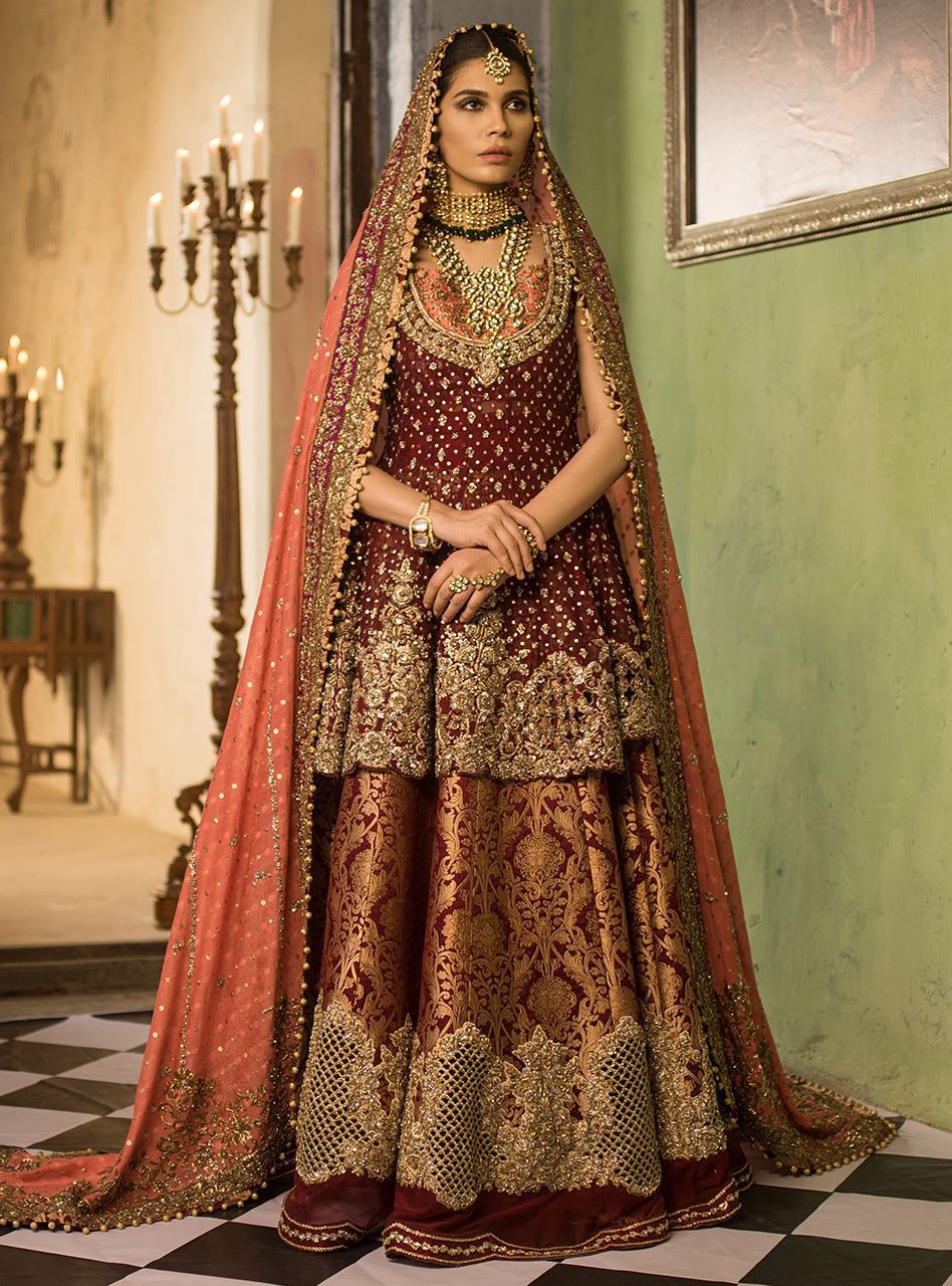 Pakistani Maroon Embroidered Khaadi Net Bridal Sharara (3-Piece) - Image 1