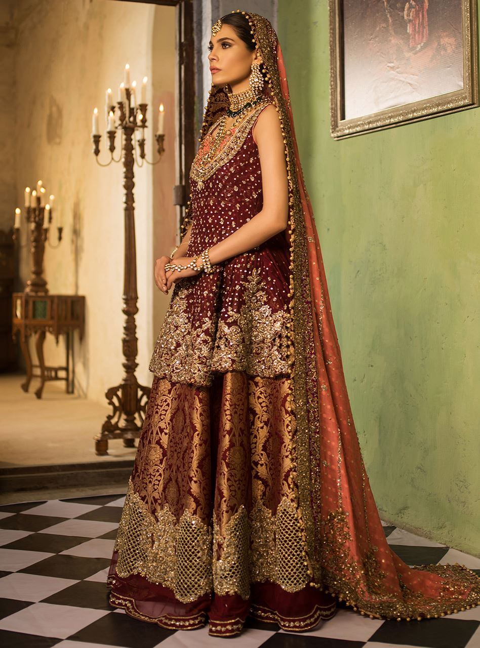 Pakistani Maroon Embroidered Khaadi Net Bridal Sharara (3-Piece) - Image 2