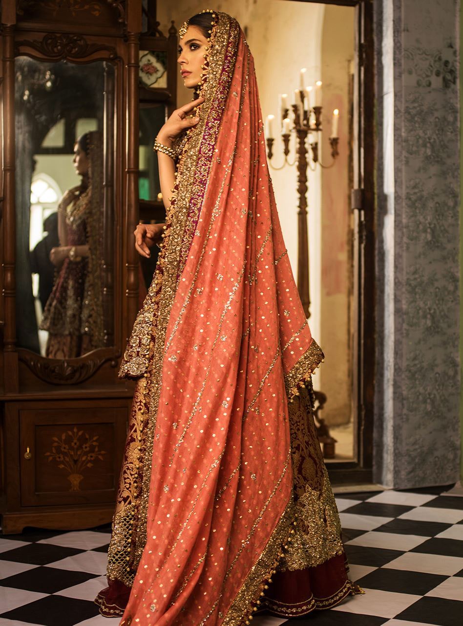 Pakistani Maroon Embroidered Khaadi Net Bridal Sharara (3-Piece) - Image 3