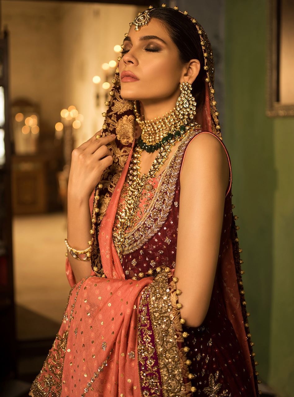 Pakistani Maroon Embroidered Khaadi Net Bridal Sharara (3-Piece) - Image 4