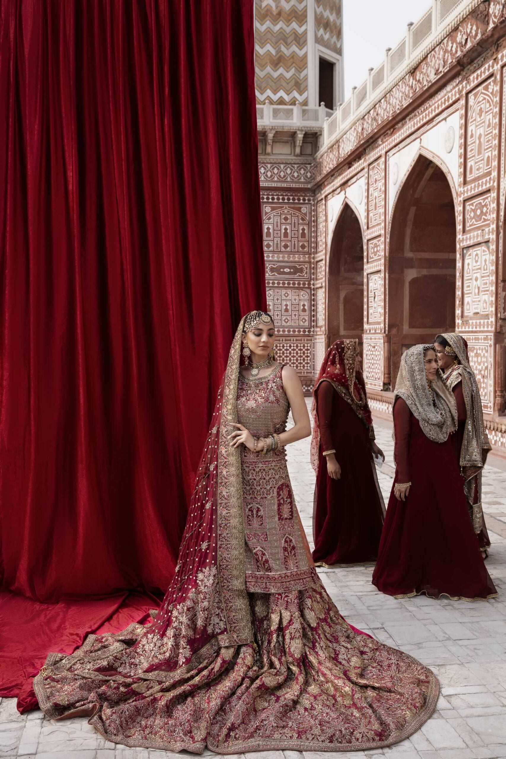 Deep Maroon Embroidered Jamawar Sharara Set (3-Piece) - Image 2