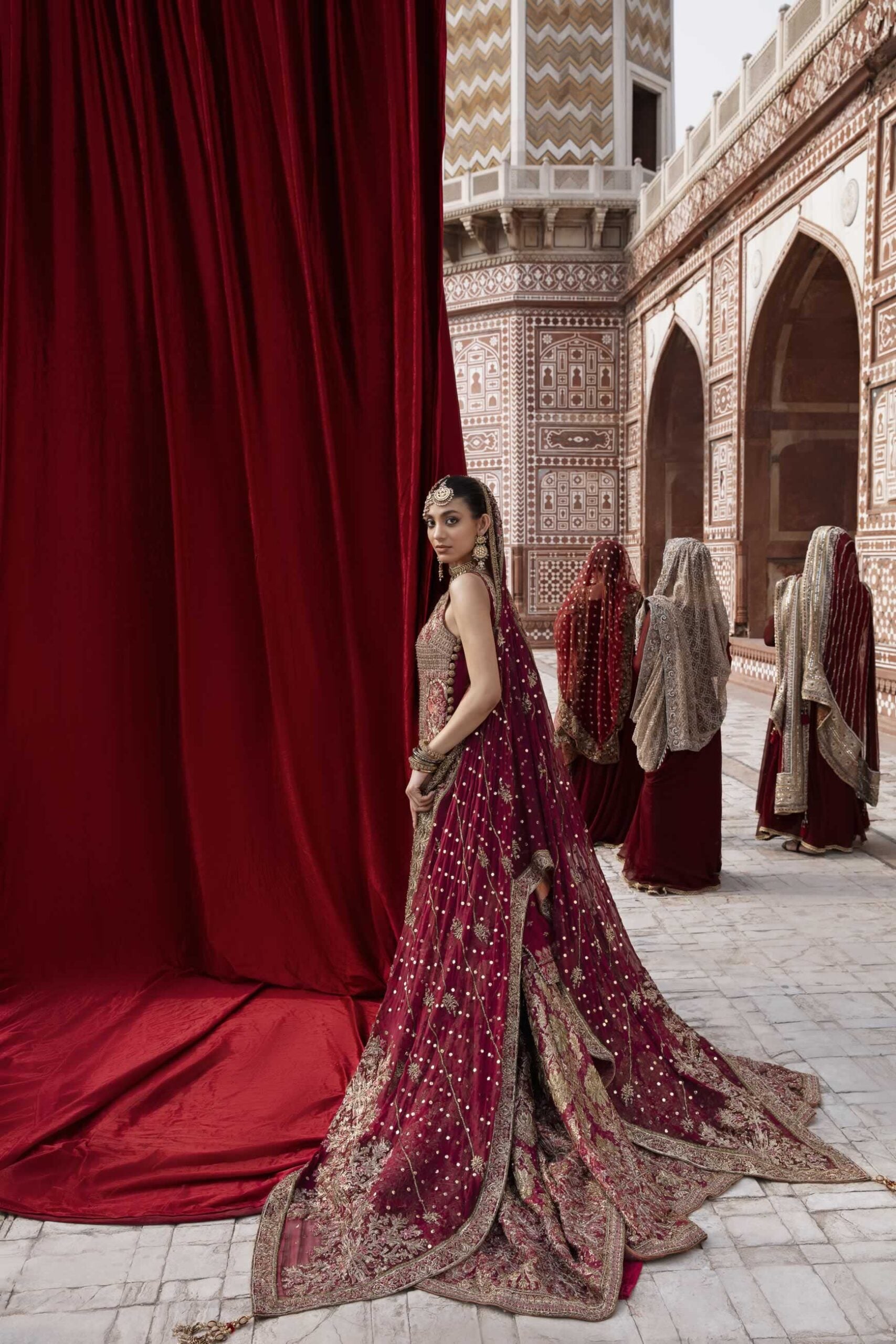 Deep Maroon Embroidered Jamawar Sharara Set (3-Piece) - Image 3