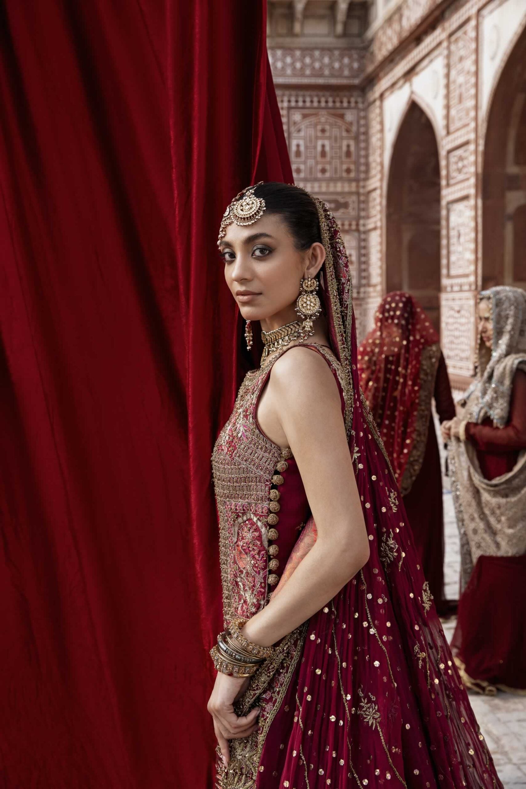 Deep Maroon Embroidered Jamawar Sharara Set (3-Piece) - Image 4