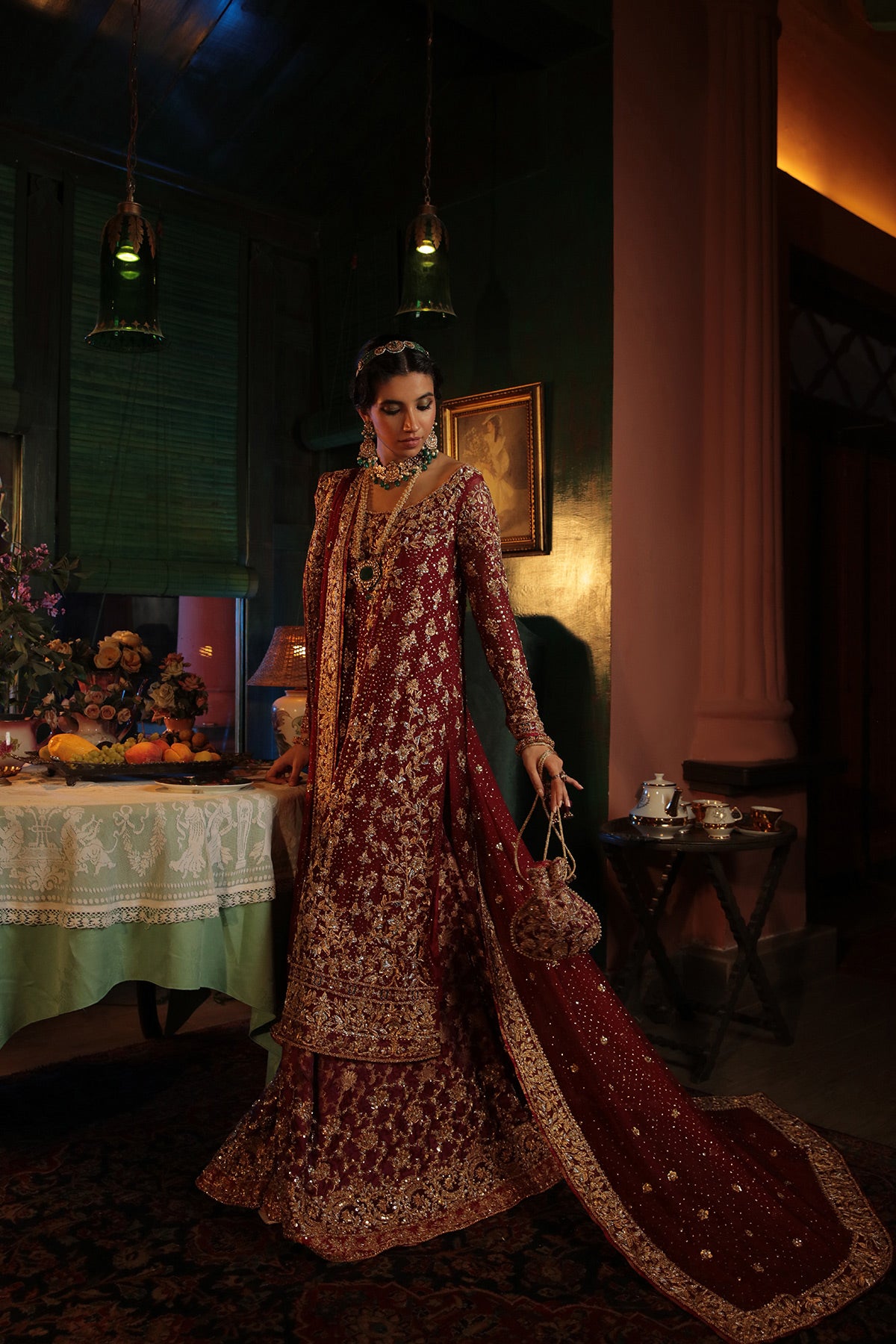 Pakistani Maroon Embroidered Cotton Net & Jamawar Bridal Sharara (4-Piece) - Image 1