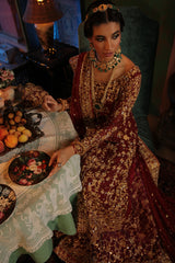 Pakistani Maroon Embroidered Cotton Net & Jamawar Bridal Sharara (4-Piece) - Image 3