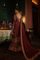 Pakistani Maroon Embroidered Cotton Net & Jamawar Bridal Sharara (4-Piece) - Image 4