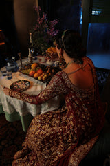 Pakistani Maroon Embroidered Cotton Net & Jamawar Bridal Sharara (4-Piece) - Image 5