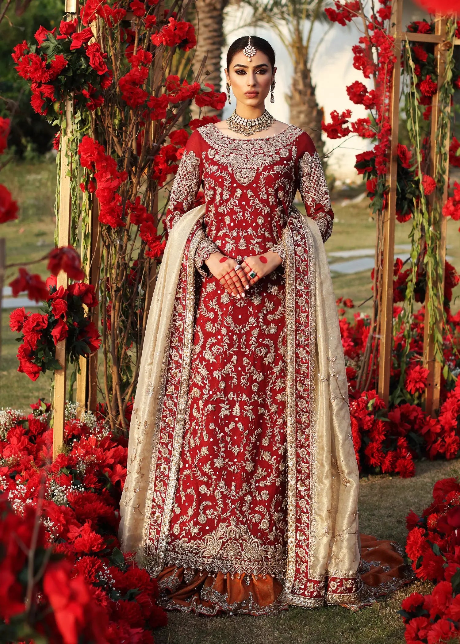 Maroon Embellished Kamkhab Sharara Dress (3-Piece) - Image 1