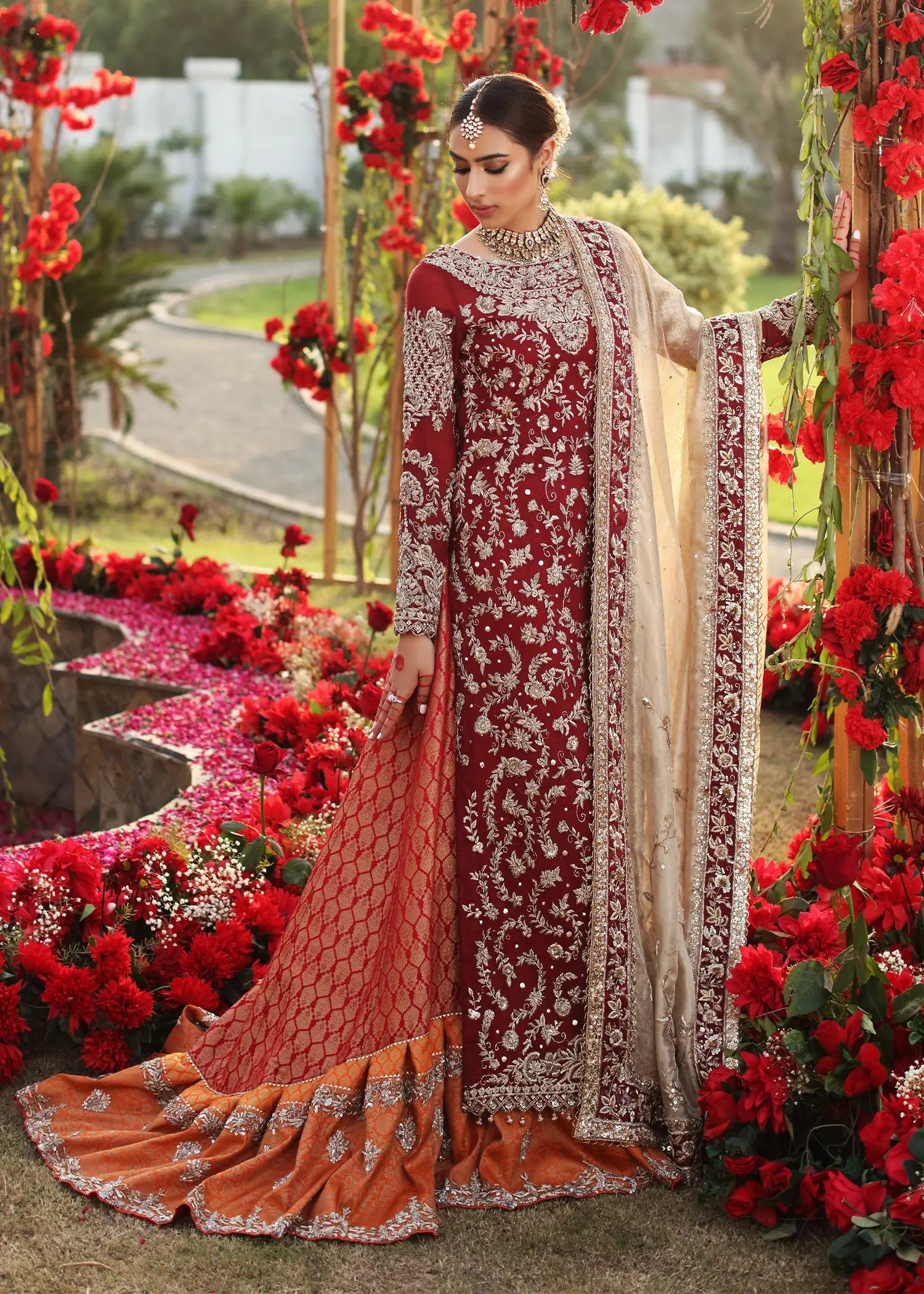 Maroon Embellished Kamkhab Sharara Dress (3-Piece) - Image 8