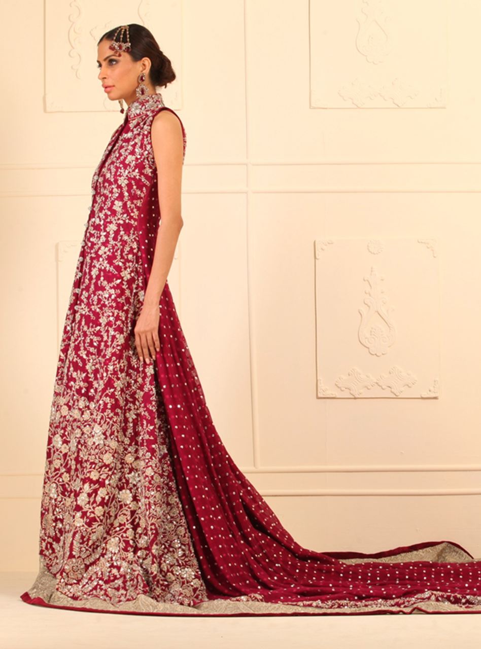 Pakistani Maroon Embellished Khaddi Net Gown with Sharara (3-Piece) - Image 2