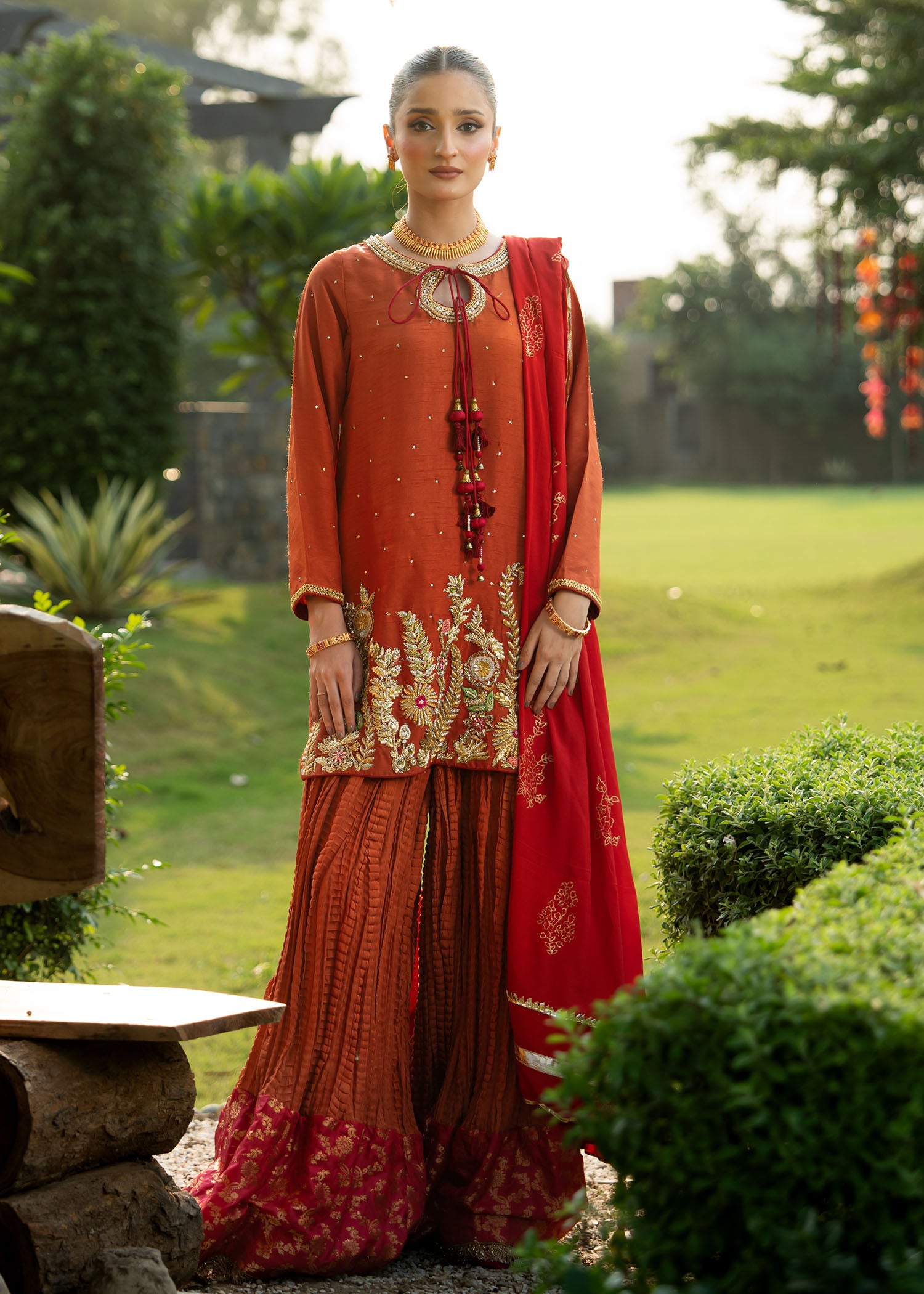 Pakistani Rust Embroidered Korean Silk Sharara (3-Piece) - Image 1