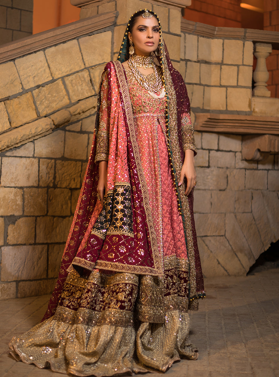 Pakistani Maroon & Peach Embroidered Net Bridal Gown (3-Piece) - Image 1