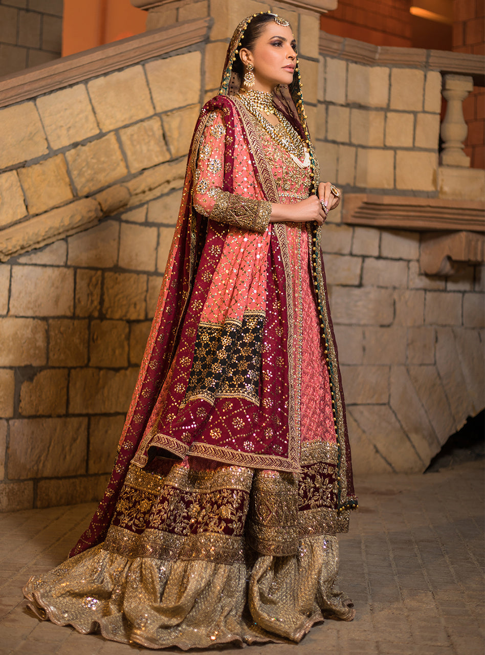 Pakistani Maroon & Peach Embroidered Net Bridal Gown (3-Piece) - Image 2