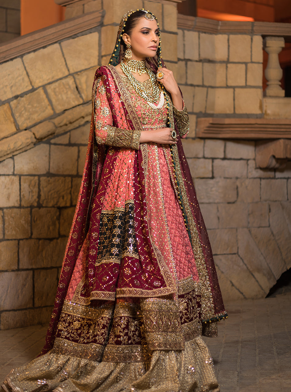 Pakistani Maroon & Peach Embroidered Net Bridal Gown (3-Piece) - Image 3