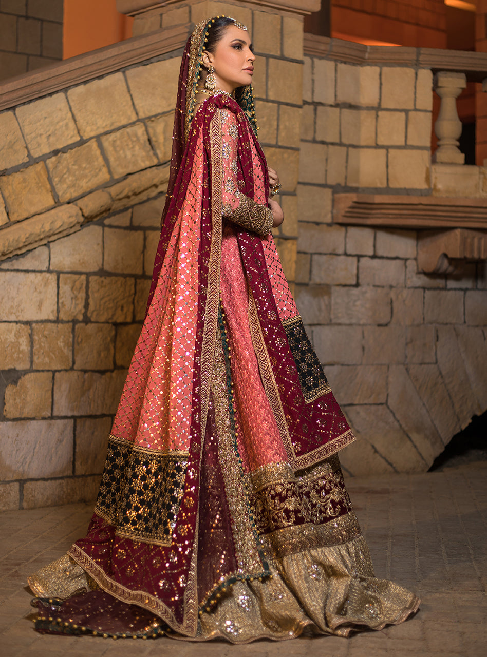 Pakistani Maroon & Peach Embroidered Net Bridal Gown (3-Piece) - Image 4