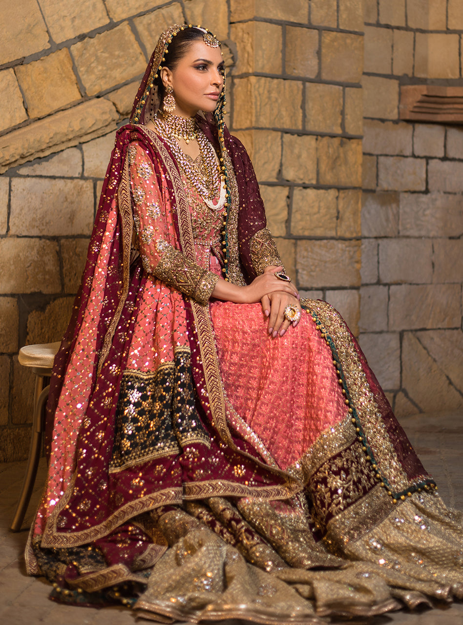 Pakistani Maroon & Peach Embroidered Net Bridal Gown (3-Piece) - Image 5