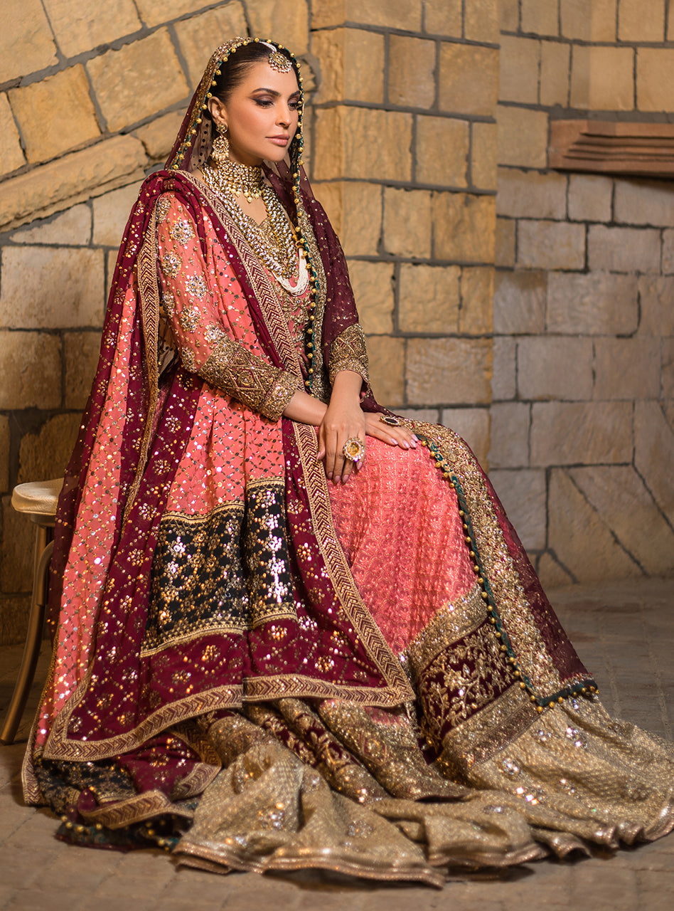 Pakistani Maroon & Peach Embroidered Net Bridal Gown (3-Piece) - Image 6