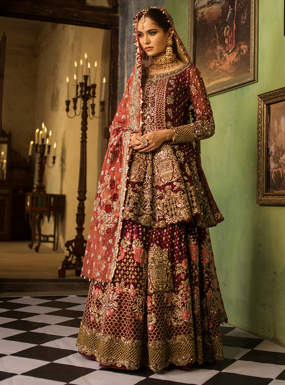 Pakistani Deep Maroon Kora Dabka Net Bridal Sharara (3-Piece) - Image 1