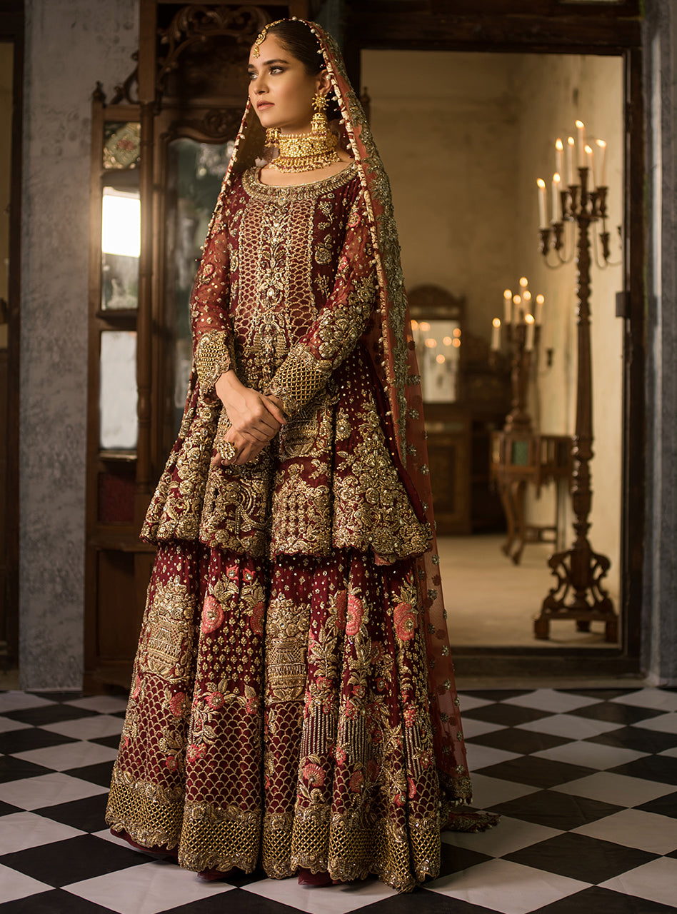 Pakistani Deep Maroon Kora Dabka Net Bridal Sharara (3-Piece) - Image 2