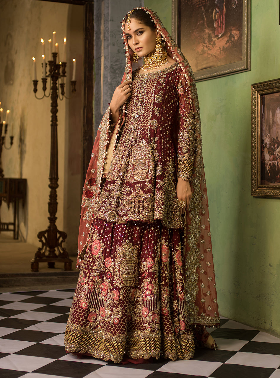 Pakistani Deep Maroon Kora Dabka Net Bridal Sharara (3-Piece) - Image 3