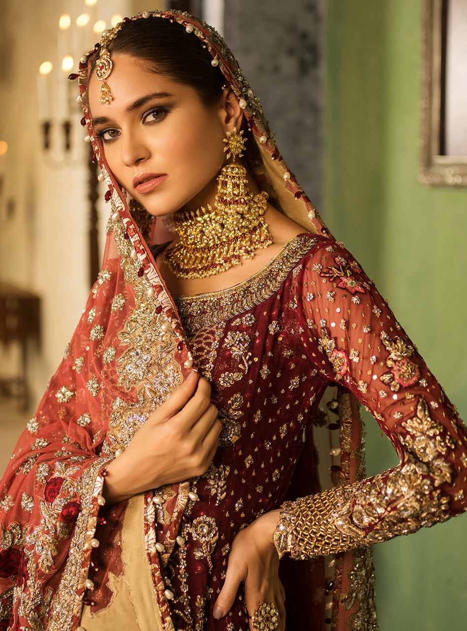 Pakistani Deep Maroon Kora Dabka Net Bridal Sharara (3-Piece) - Image 4