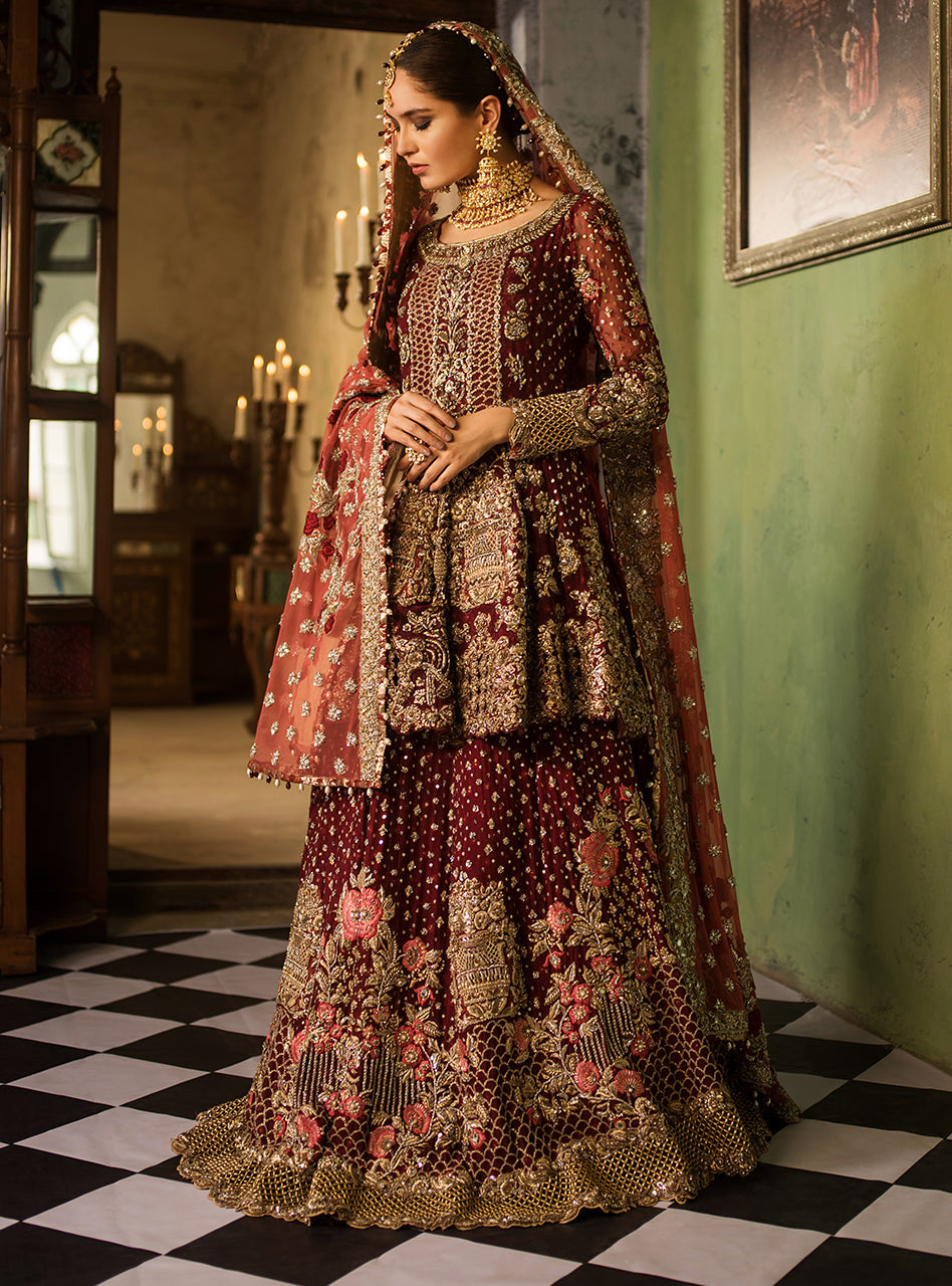 Pakistani Deep Maroon Kora Dabka Net Bridal Sharara (3-Piece) - Image 5