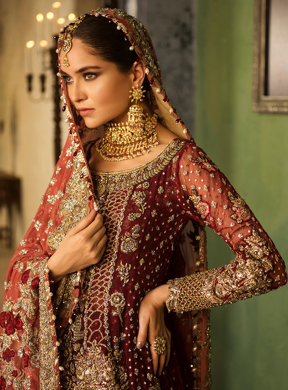 Pakistani Deep Maroon Kora Dabka Net Bridal Sharara (3-Piece) - Image 6