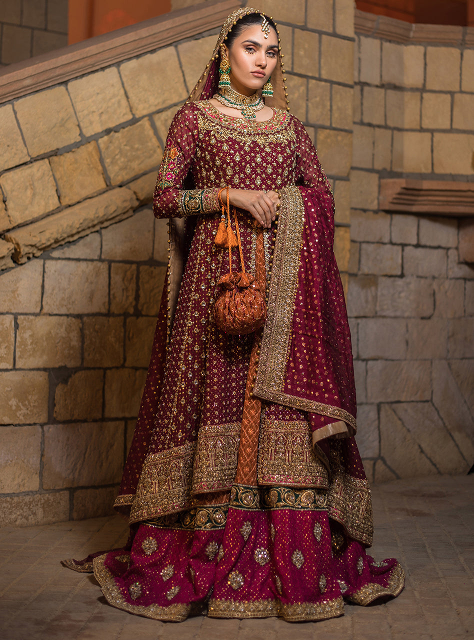 Pakistani Deep Maroon Embroidered Net Gown with Farshi Sharara (3-Piece) - Image 1