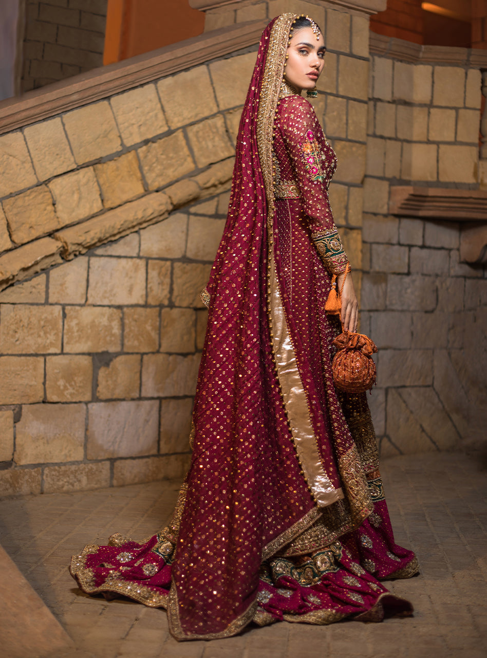 Pakistani Deep Maroon Embroidered Net Gown with Farshi Sharara (3-Piece) - Image 2