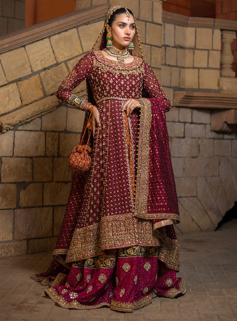 Pakistani Deep Maroon Embroidered Net Gown with Farshi Sharara (3-Piece) - Image 3