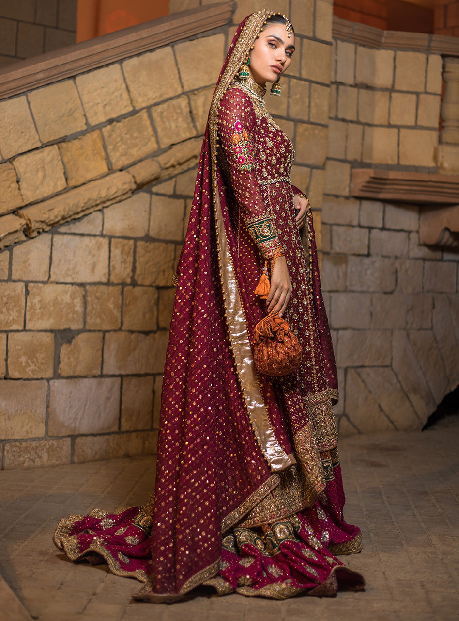 Pakistani Deep Maroon Embroidered Net Gown with Farshi Sharara (3-Piece) - Image 4
