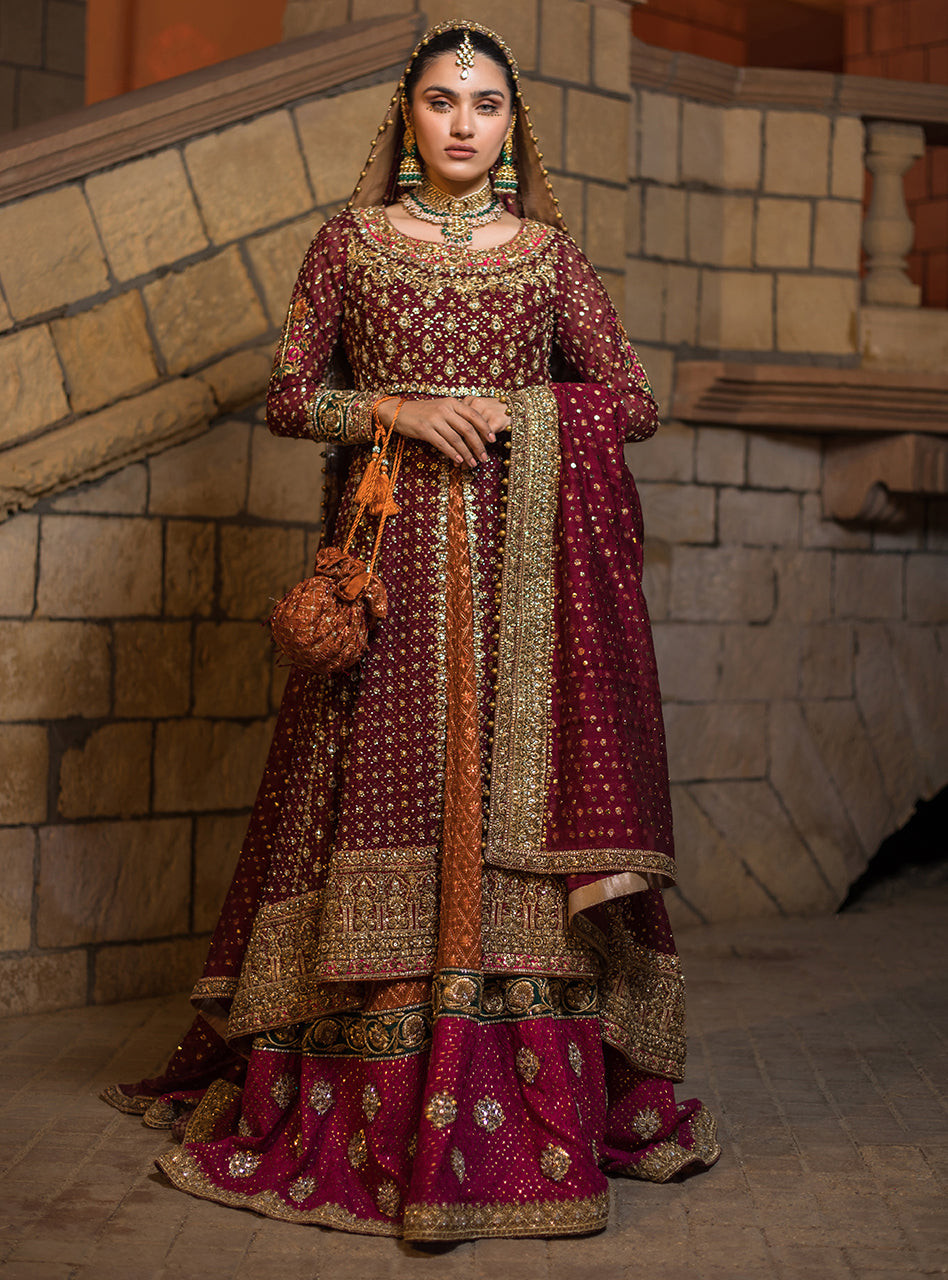 Pakistani Deep Maroon Embroidered Net Gown with Farshi Sharara (3-Piece) - Image 5